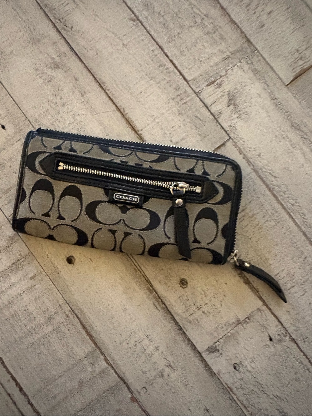 Coach Gray and Black Signature Zip Wallet with Front Zip Pocket